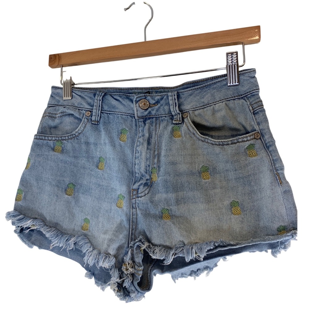 Rewash Pineapple Embroidered Denim Cut Off Shorts 5R W27 Tropical Summer Women